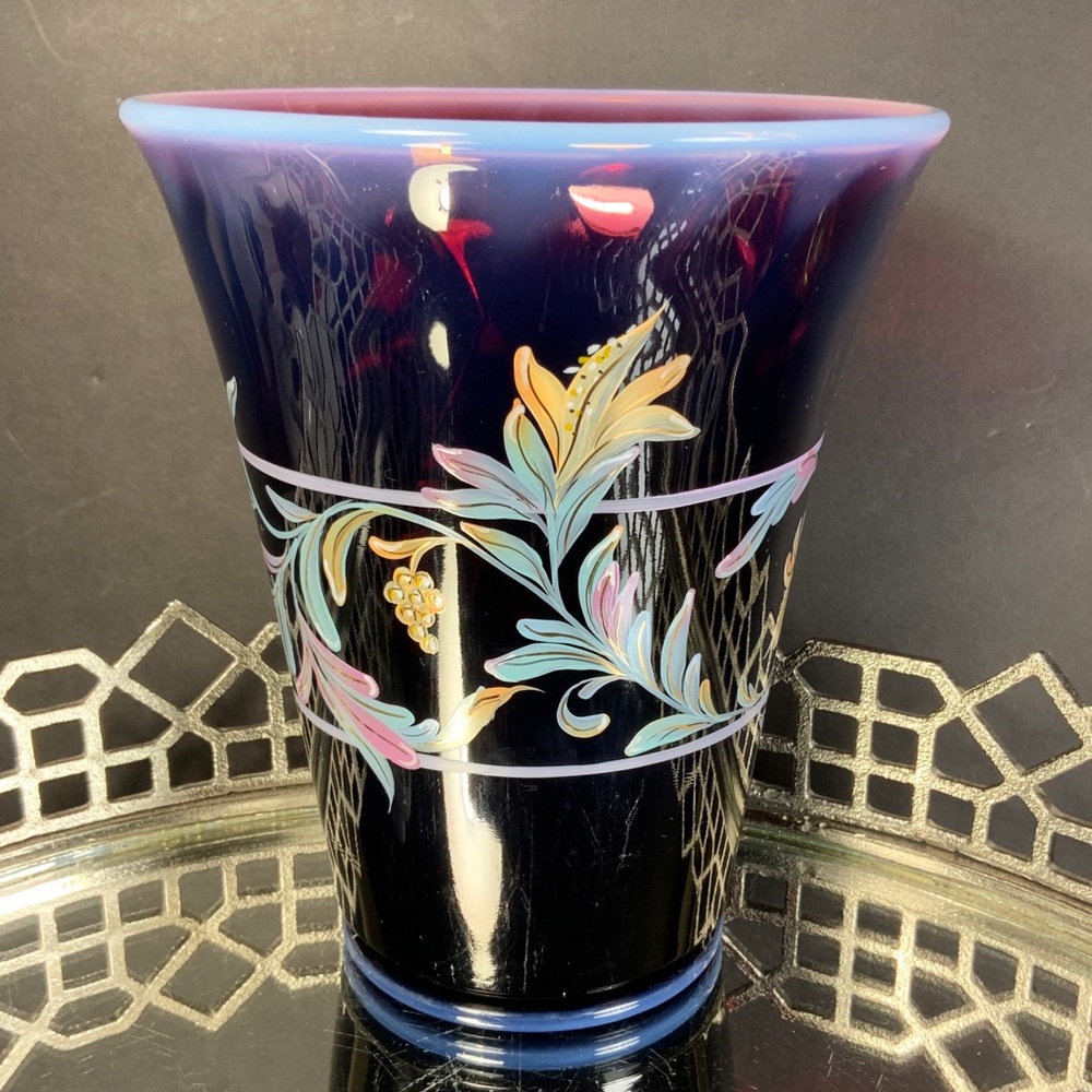 Fenton Vase Plum Opalescent Signed Numbered Hand Painted Floral Purple #N